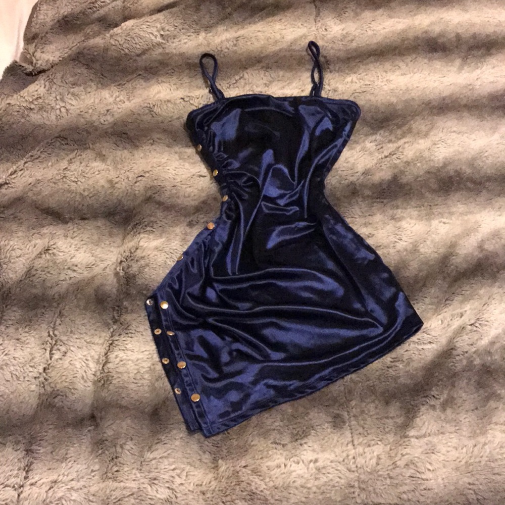 Rouched Blue Velvet Dress asymmetrical